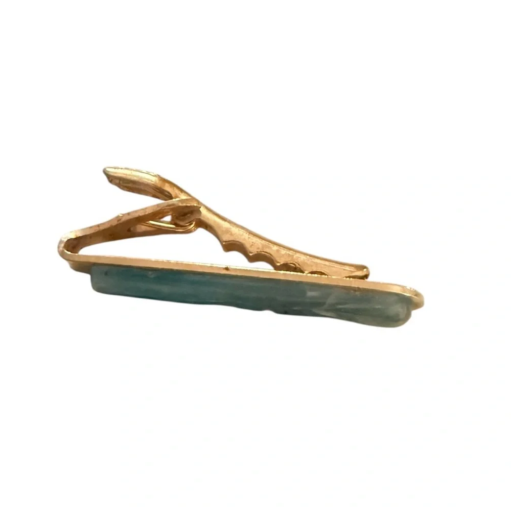 1970’s Tie Clip in Gold with a Carved Blue Design, 1.4”‎ Long